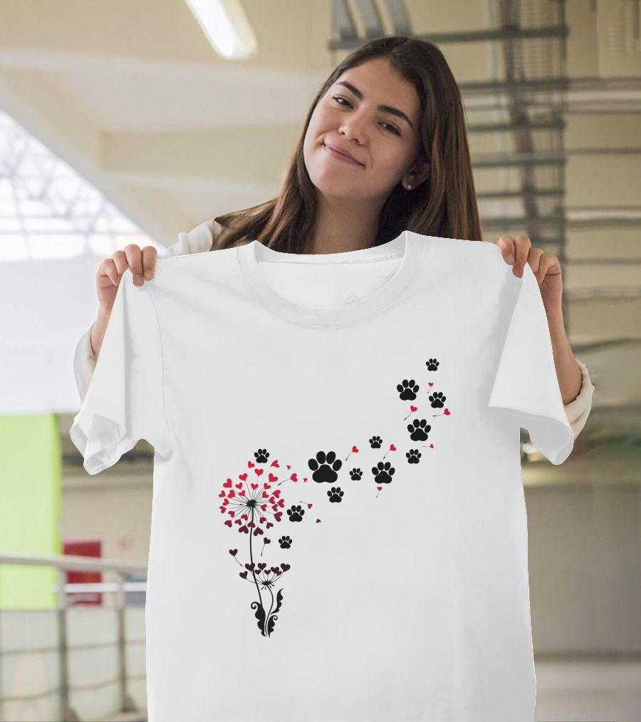 Pawprints And Heart Blossoms Dandelion T-Shirt