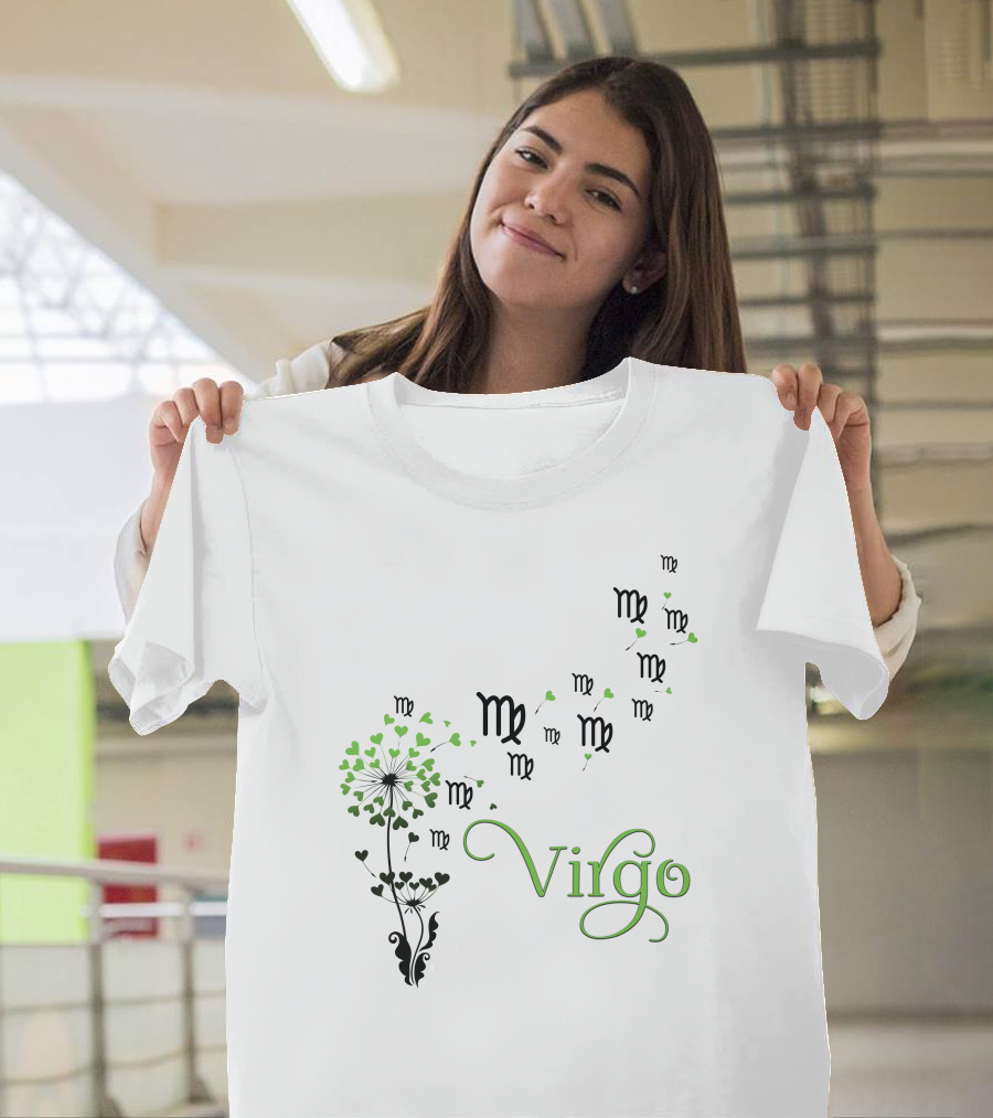 Virgo Zodiac Symbol Flower with Green Heart Leaves T-Shirt