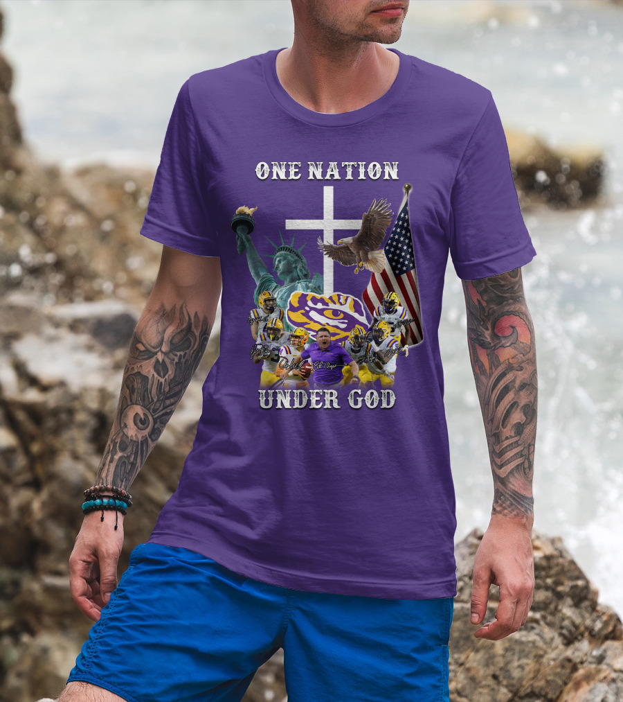 LSU Tigers Football One Nation Under God Coach Players Statue Of Liberty Eagle American Flag T-Shirt