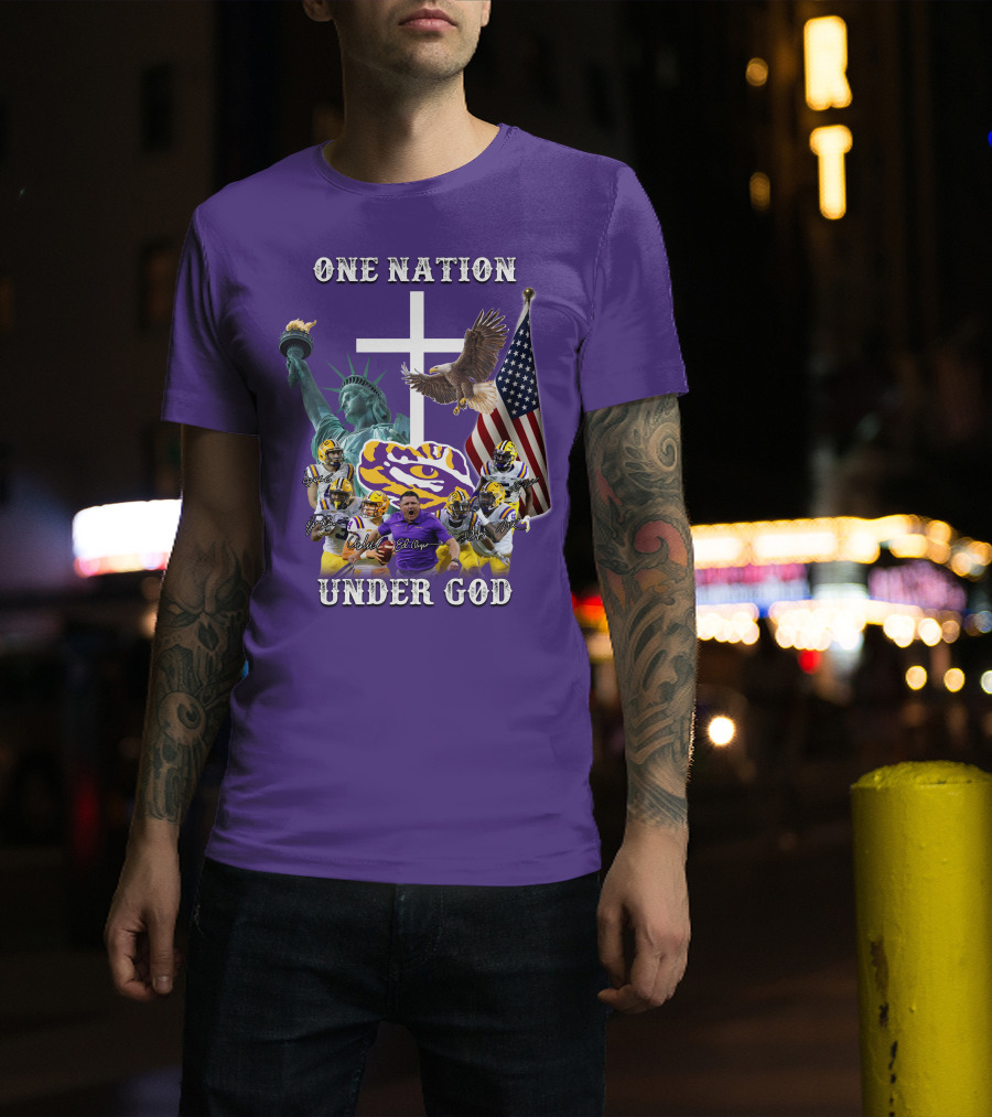 LSU Tigers Football One Nation Under God Coach Players Statue Of Liberty Eagle American Flag T-Shirt