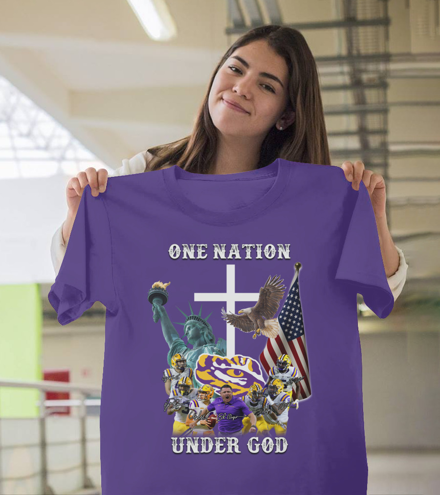 LSU Tigers Football One Nation Under God Coach Players Statue Of Liberty Eagle American Flag T-Shirt