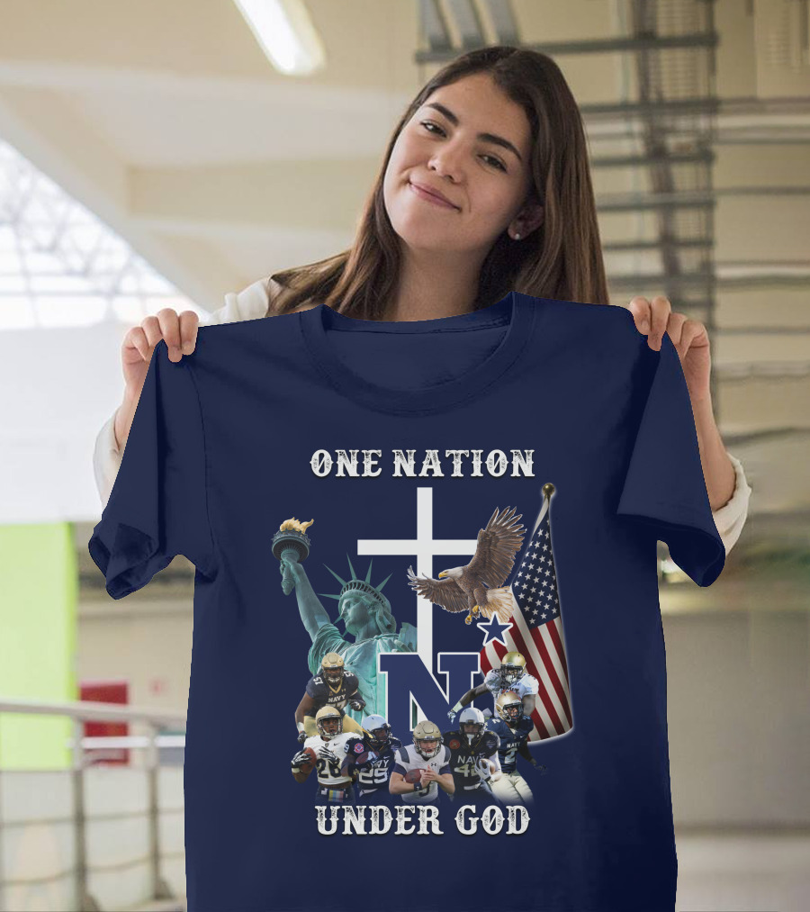 NM One Nation Under God Navy Football Statue Liberty American Flag Eagle T-Shirt