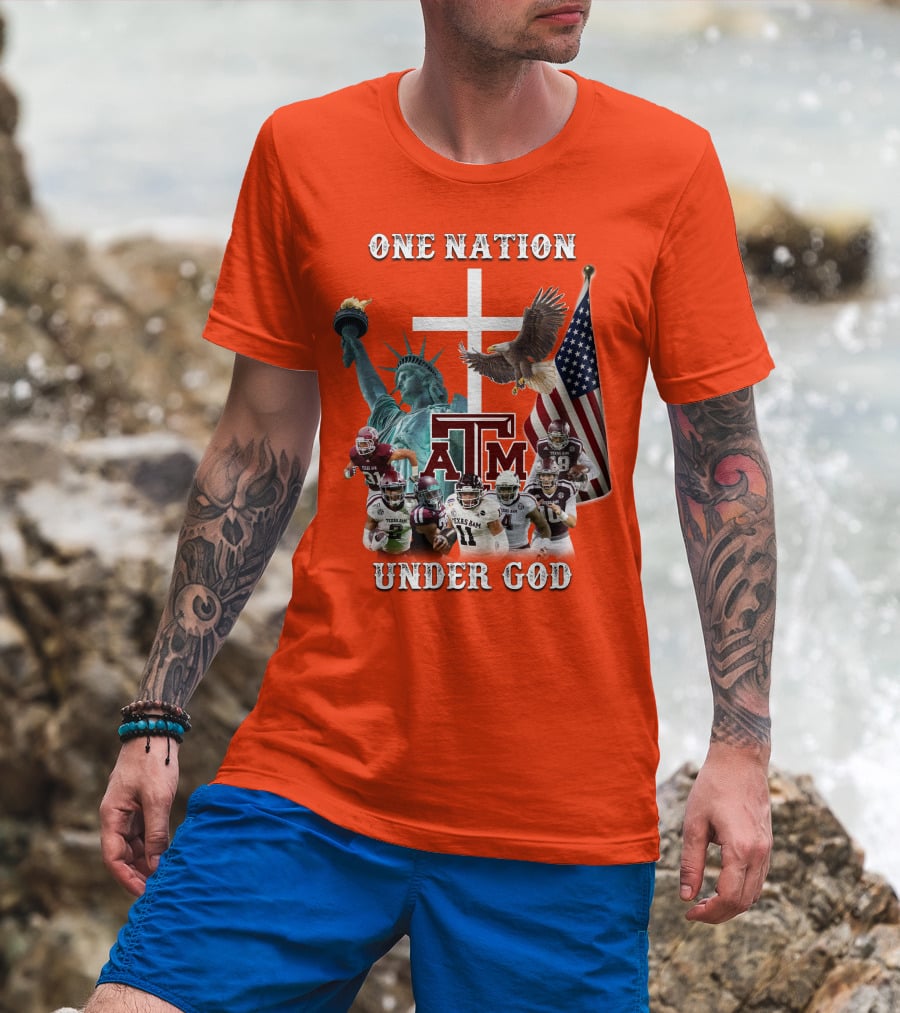 One Nation Under God Texas A&M Football Statue Of Liberty Bald Eagle American Flag T-Shirt