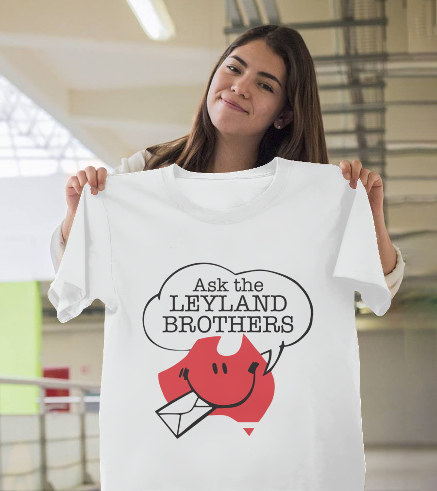 Ask the Leyland Brothers Speech Bubble Smiley with Envelope on Australia Map T-Shirt