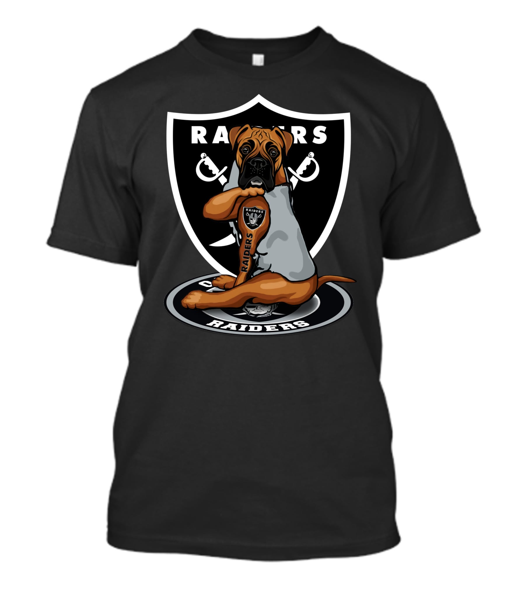 Raiders Boxer Dog Shield With Crossed Swords T-Shirt
