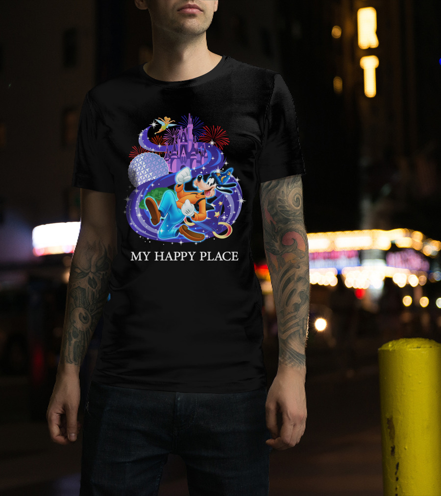 Disney Goofy My Happy Place Magic Kingdom Castle Epcot Fireworks T-Shirt