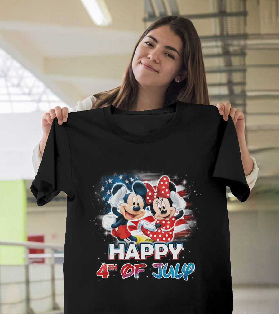 Mickey and Minnie Happy 4th of July with American Flag Background T-Shirt