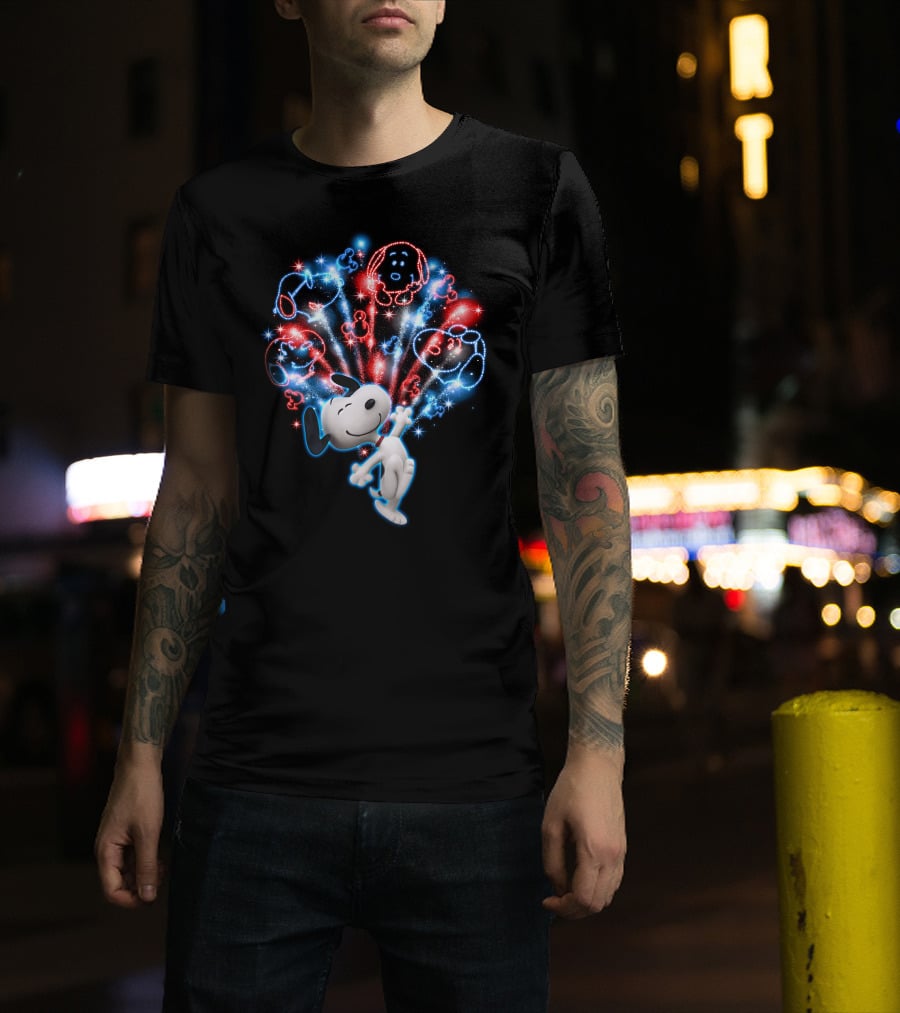 Snoopy Firework Celebration With Peanuts Characters In Red And Blue T-Shirt