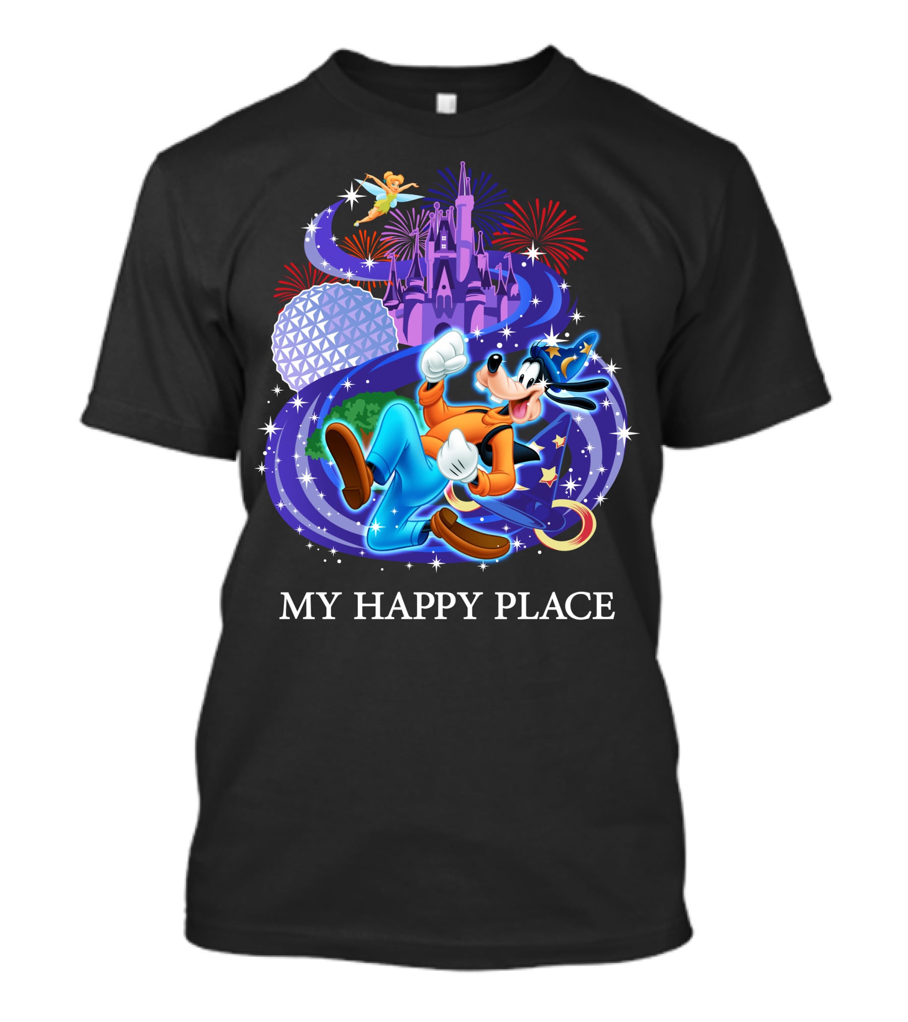Goofy In My Happy Place With Castle And Fireworks T-Shirt