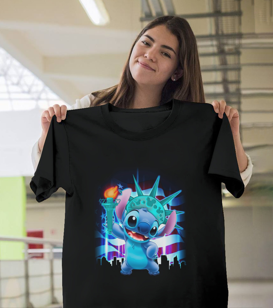 Stitch Statue Liberty American Flag Skyline T-Shirt