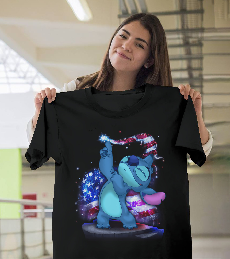 Stitch Bling July American Flag Fireworks Magic T-Shirt