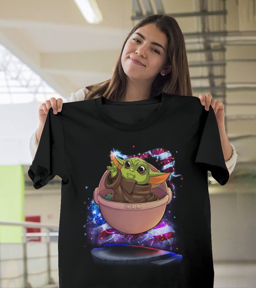 Baby Yoda Bling July American Flag Sparkle T-Shirt
