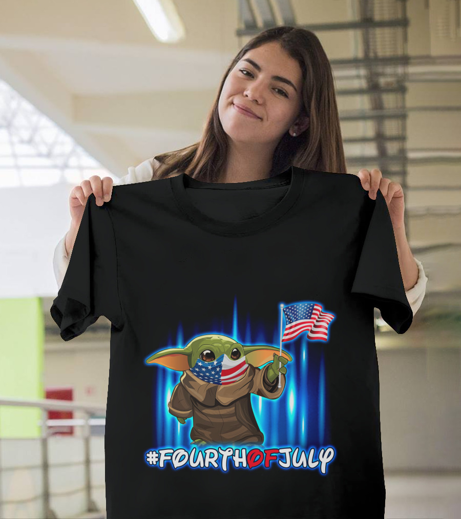 FOURTHOFJULY Baby Yoda With American Flag T-Shirt