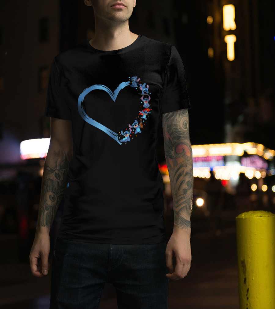I Love Stitch Heart Shaped Blue Brush Characters T-Shirt