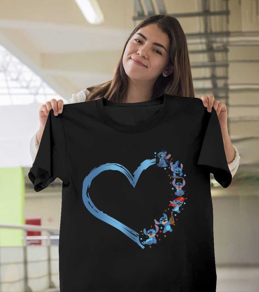 I Love Stitch Heart Shaped Blue Brush Characters T-Shirt
