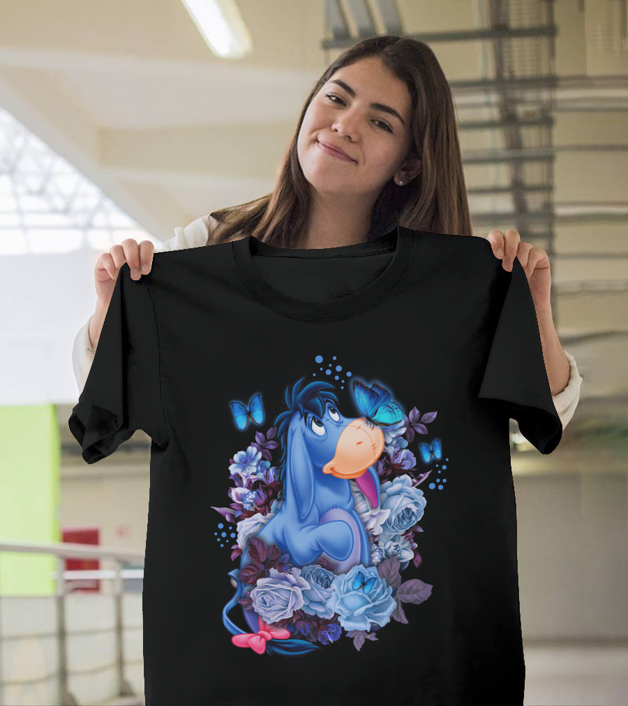 Eeyore Surrounded by Blue Flowers and Butterflies T-Shirt
