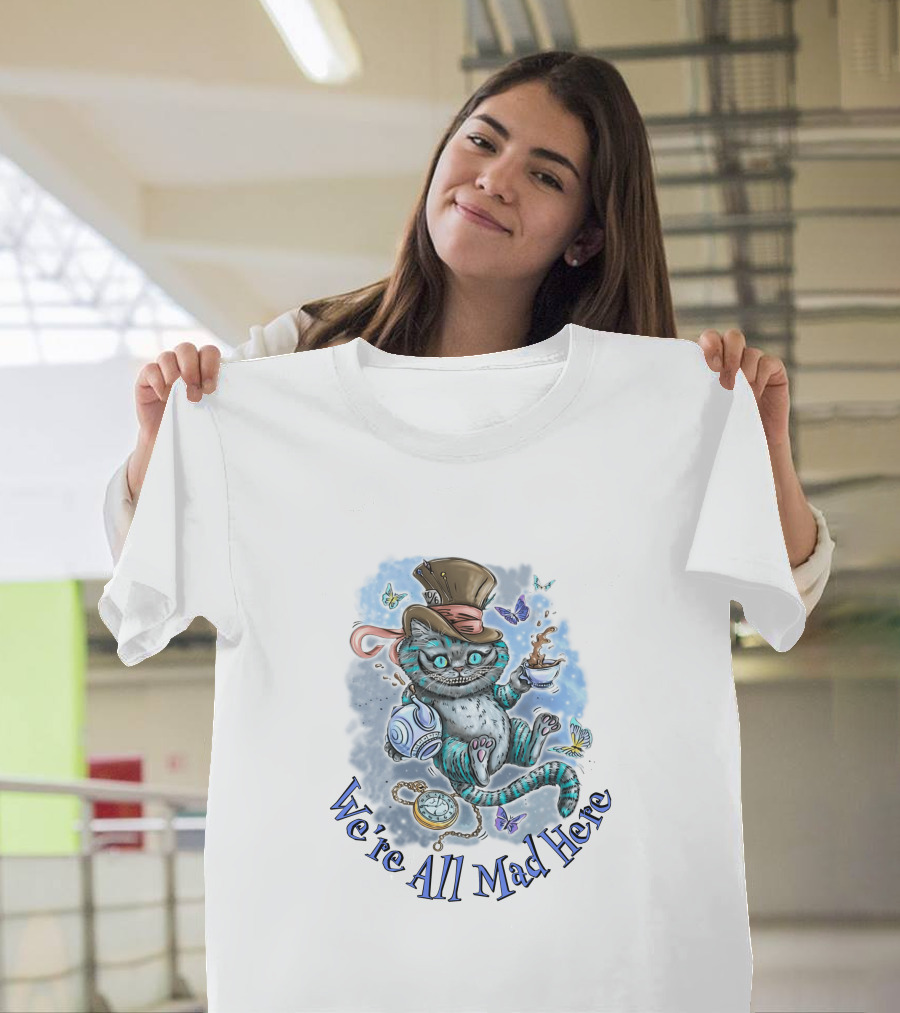 Cheshire Cat We're All Mad Here Mad Hatter Tea Party Butterflies Pocket Watch T-Shirt