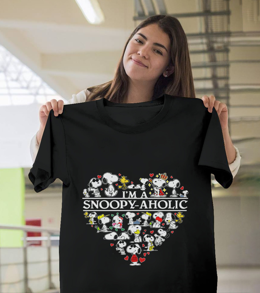 I'm A Snoopy-Aholic Peanuts Heart Collage Of Snoopy And Woodstock With Love Hearts T-Shirt