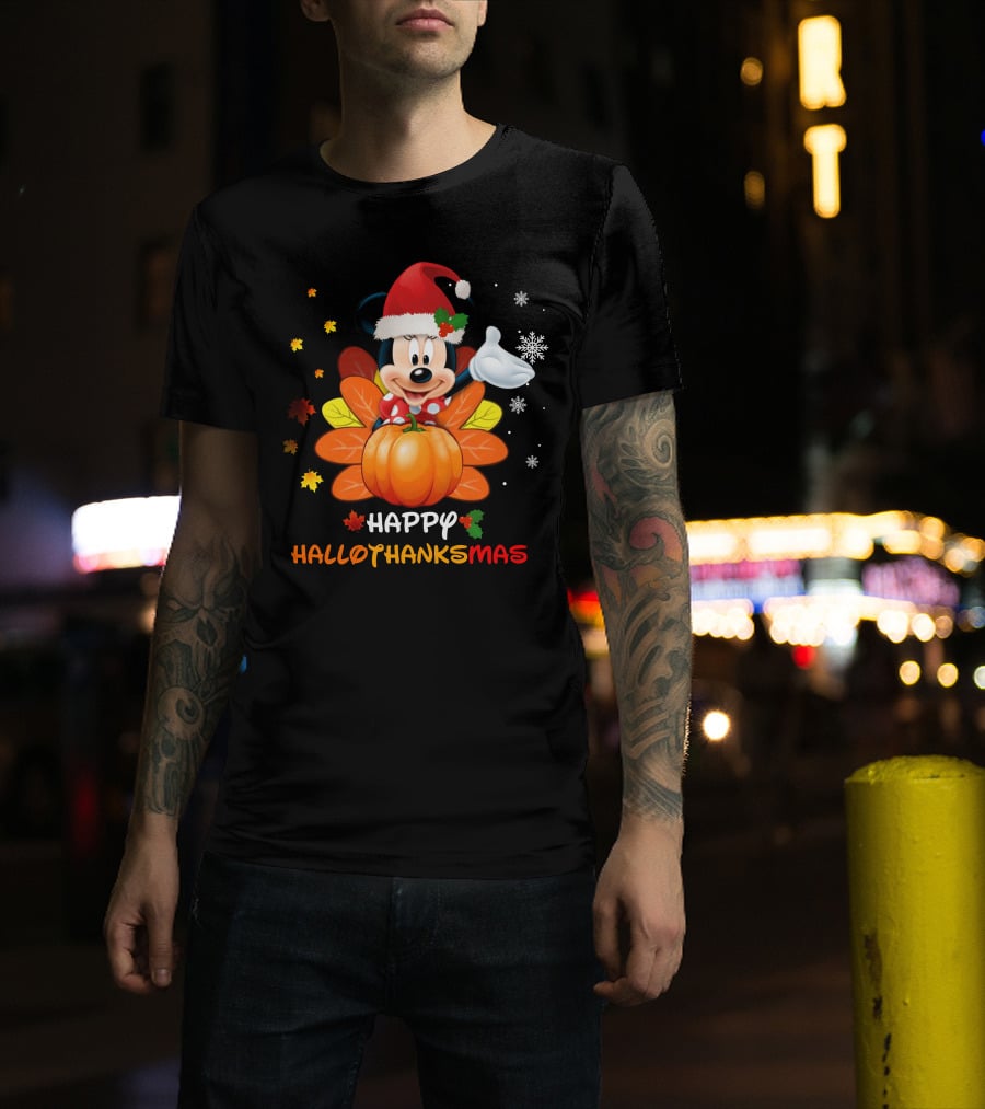 Happy Hallothankmas Minnie With Pumpkin And Santa Hat T-Shirt