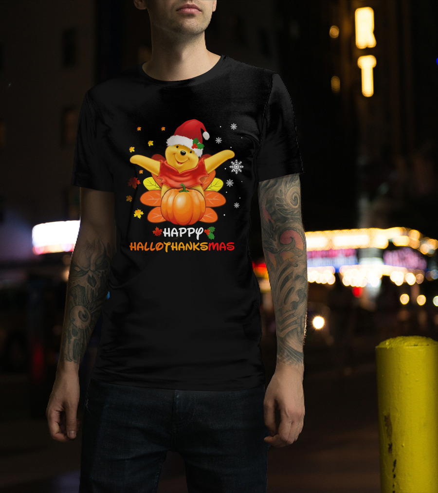 Happy Hallothankmas Pooh Pumpkin Santa Hat T-Shirt
