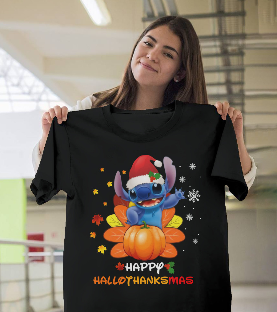 Happy Hallothankmas Stitch with Santa Hat Pumpkin Leaves Snowflakes T-Shirt