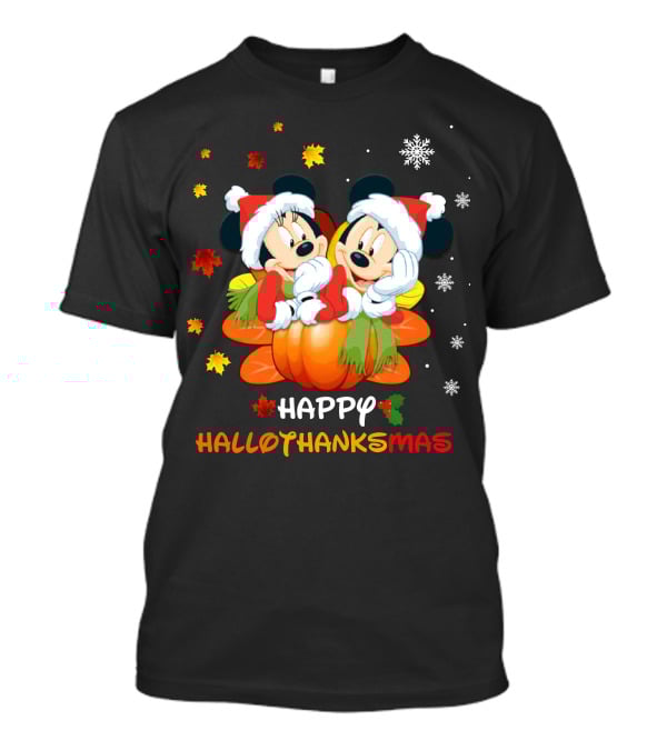 Happy Mickey And Minnie Hallothankmas Snowflakes Pumpkins Leaves T-Shirt