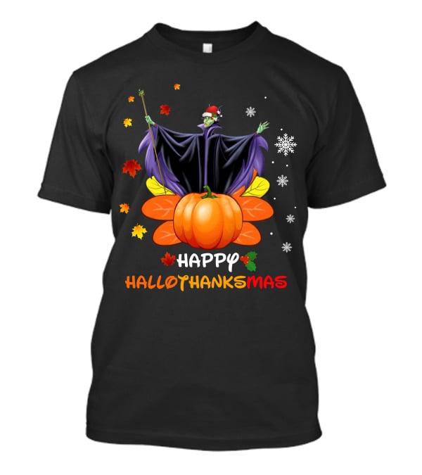 Happy Hallothankmas Maleficent Pumpkin Snowflakes Leaves Santa Hat T-Shirt