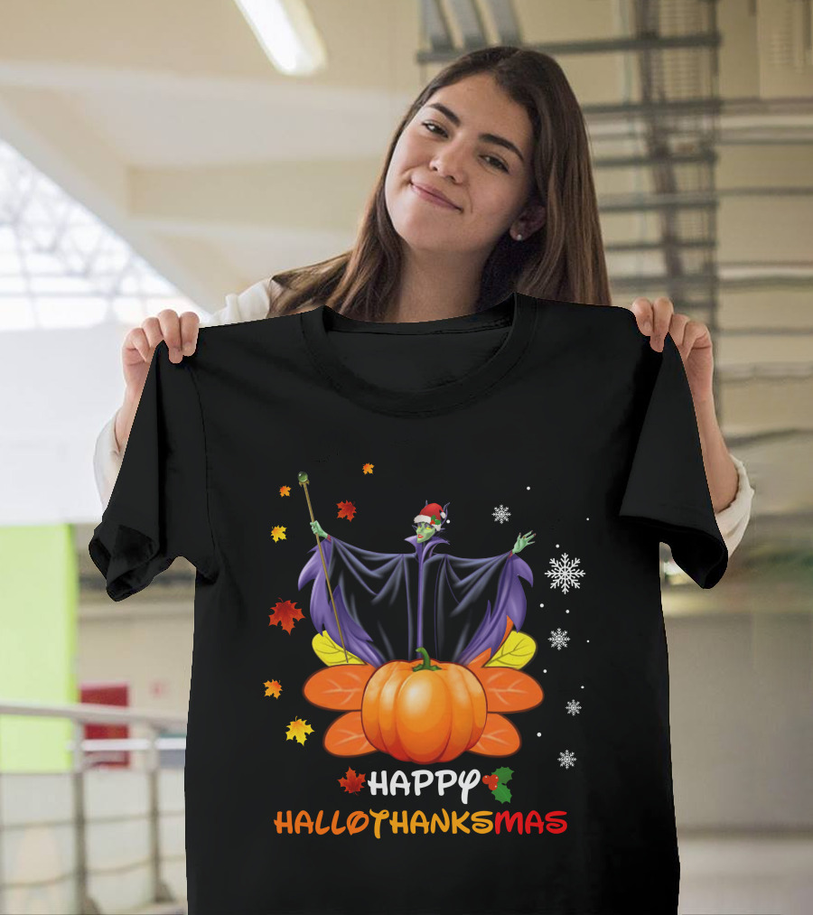 Happy Hallothankmas Maleficent Pumpkin Snowflakes Leaves Santa Hat T-Shirt