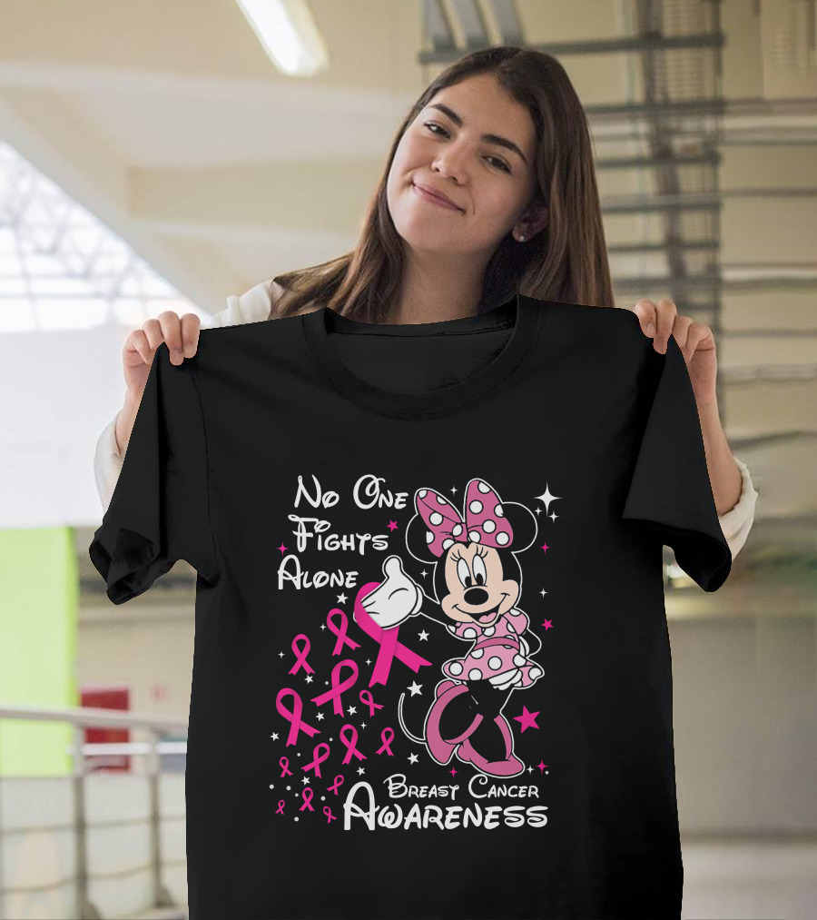 No One Fights Alone Breast Cancer Awareness Minnie Mouse Pink T-Shirt
