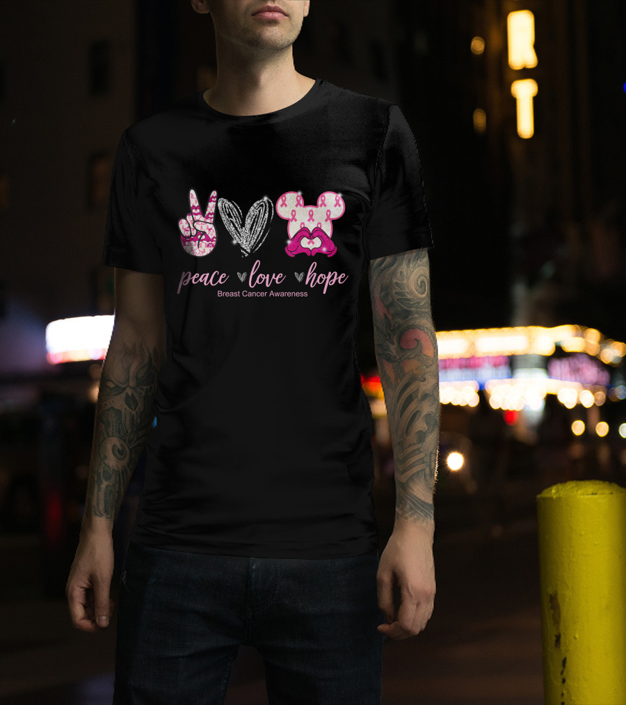 Peace Love Hope Breast Cancer Awareness Pink Ribbon Mickey T-Shirt