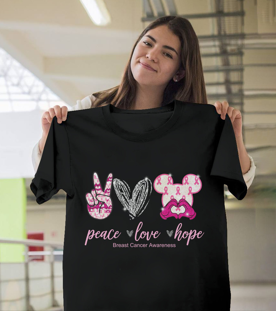 Peace Love Hope Breast Cancer Awareness Pink Ribbon Mickey T-Shirt