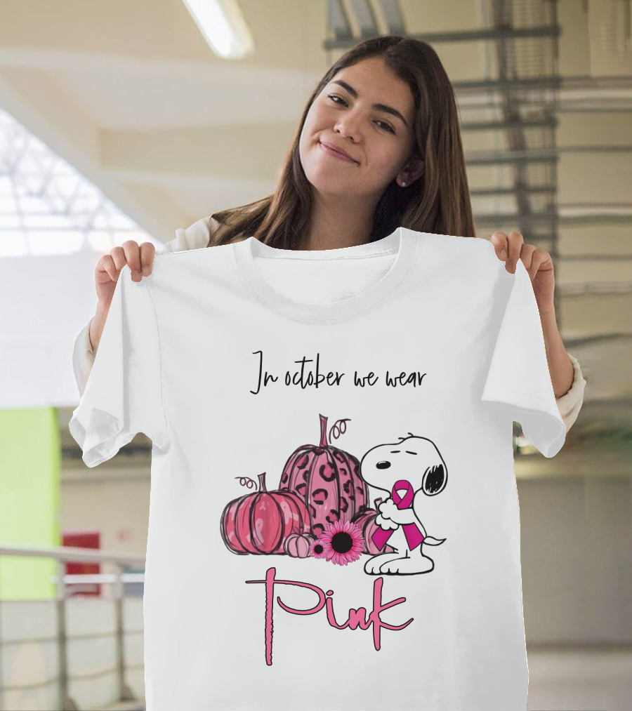 In October We Wear Pink with Peanuts Character Holding Ribbon and Pumpkins T-Shirt