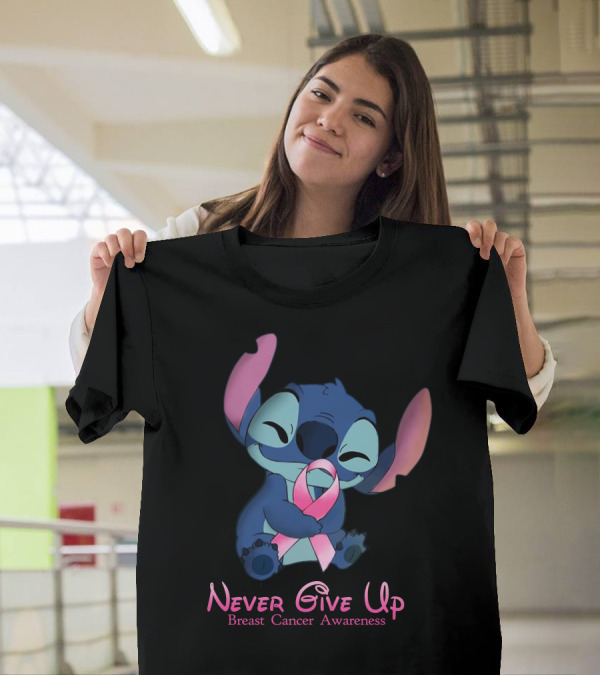 Never Give Up Breast Cancer Awareness Stitch Embrace T-Shirt