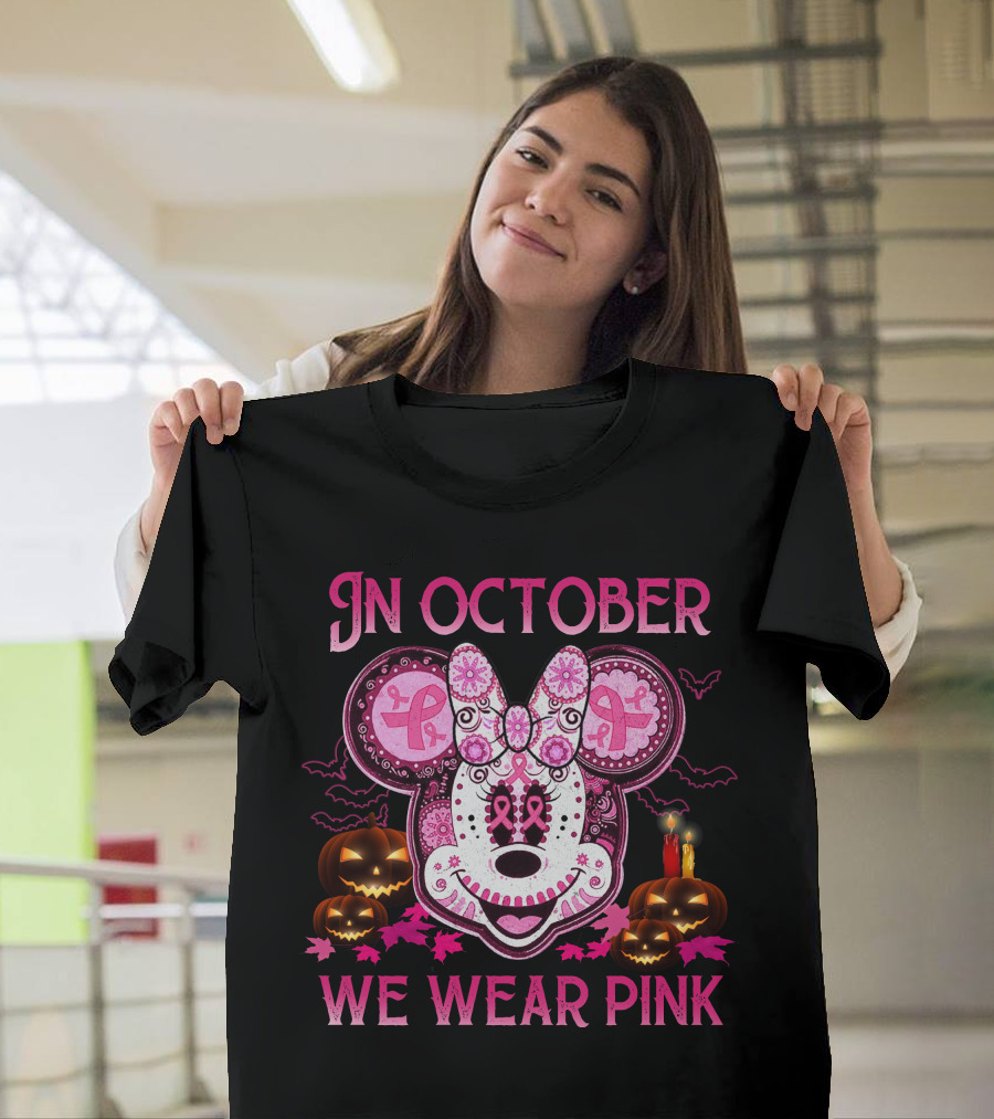 In October We Wear Pink Minnie Mouse Breast Cancer Awareness Halloween T-Shirt