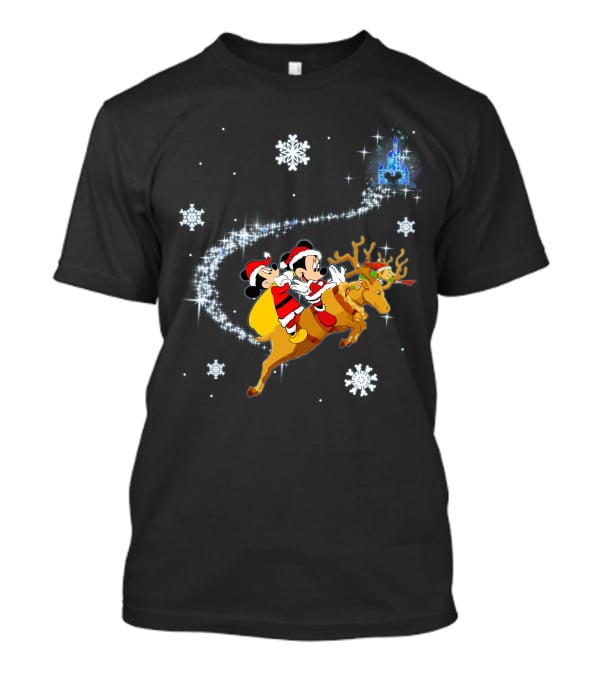 MK Deer Christmas Mickey And Minnie Santa Reindeer Snowflakes Disney Castle T-Shirt