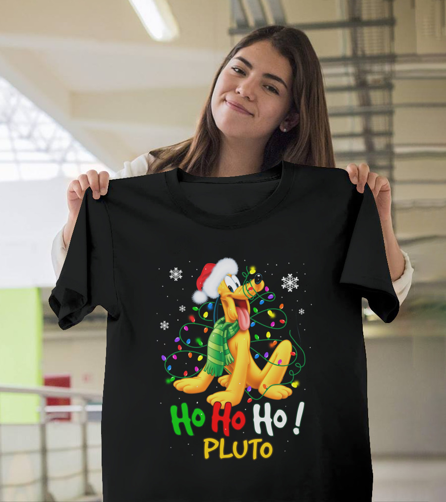 Ho Ho Ho Pluto Christmas Lights Santa Hat Snowflakes Scarf T-Shirt