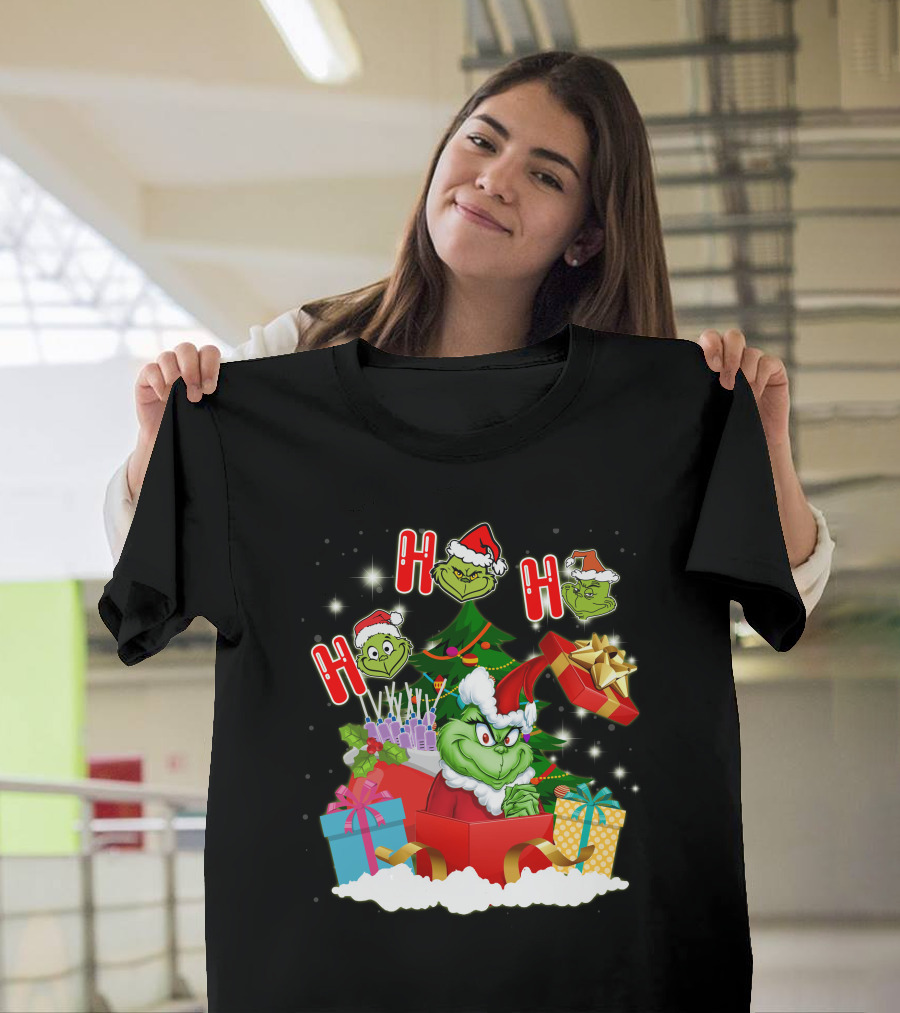 Grinch Christmas Ho Ho Ho Presents Tree Gifts Holiday Scene T-Shirt