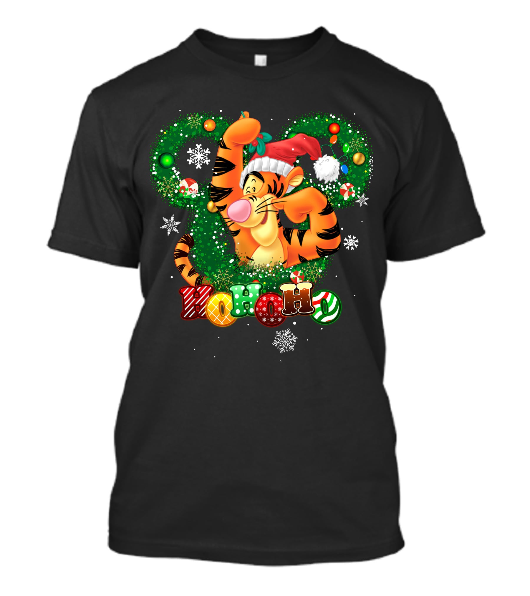 TG HHH Christmas Ho Ho Ho Tigger Santa Hat Snowflakes Holiday Wreath T-Shirt