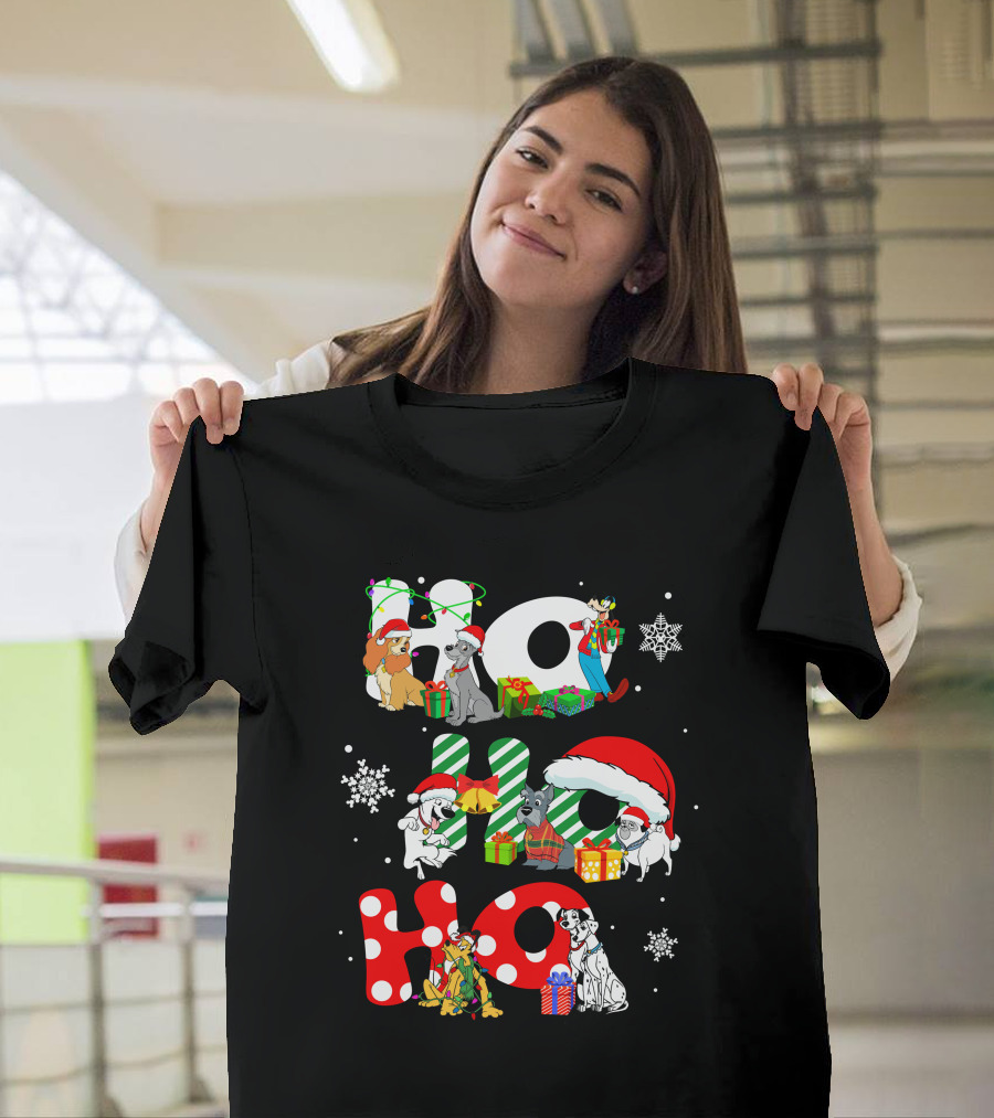 Ho Ho Ho Christmas Dogs and Snowflakes T-Shirt