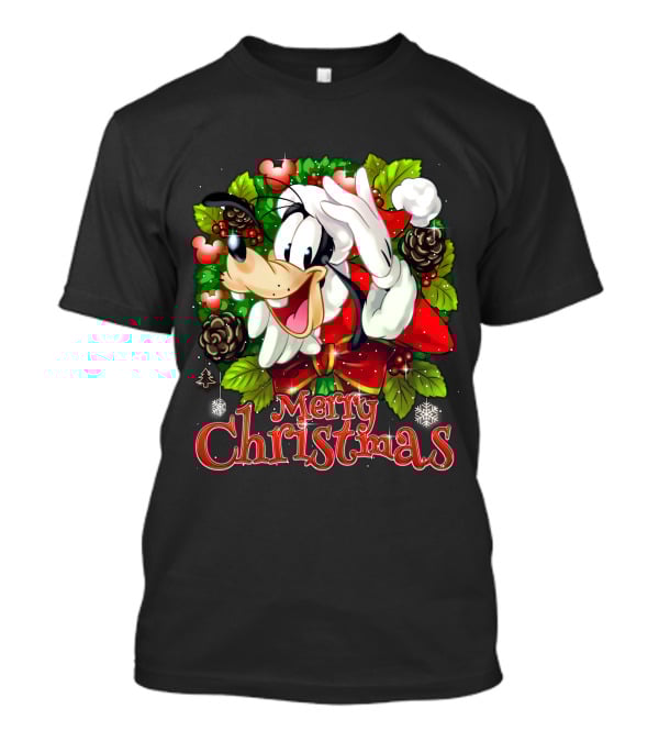 Goofy Merry Christmas Wreath Santa Hat Pinecones Snowflakes And Holly T-Shirt