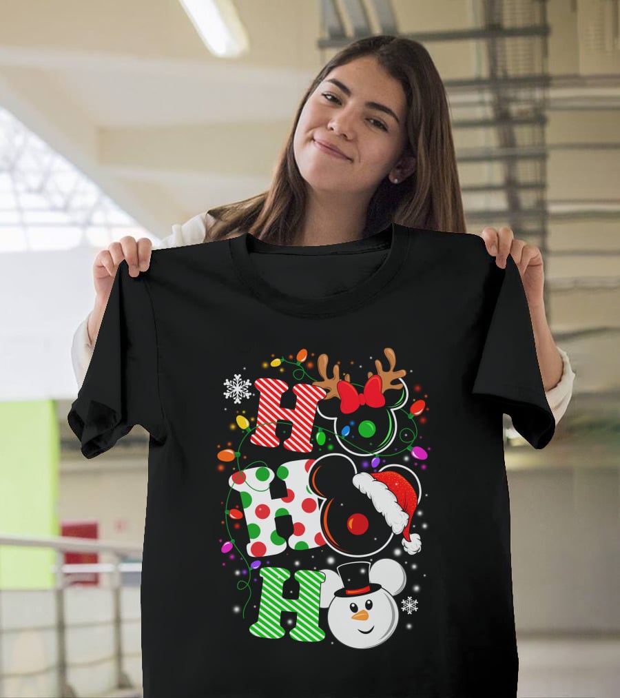 Disney Hohoho Christmas Mickey Mouse Holiday Lights Santa Hat Snowman Antlers T-Shirt