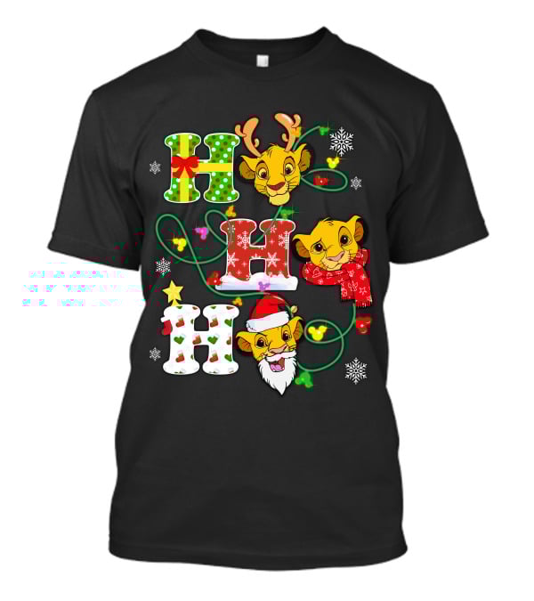 Simba Hohoho Christmas Holiday Festive Lion King Image With Santa Hat Reindeer Antlers Scarf Snowflakes T-Shirt