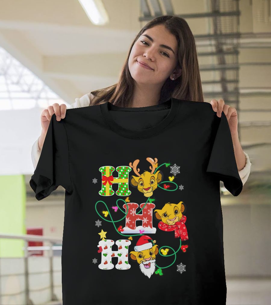 Simba Hohoho Christmas Holiday Festive Lion King Image With Santa Hat Reindeer Antlers Scarf Snowflakes T-Shirt