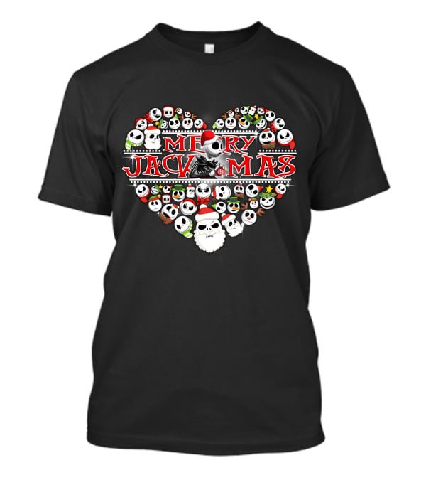 Merry Jackmas Heart Design With Santa Hats And Skulls T-Shirt