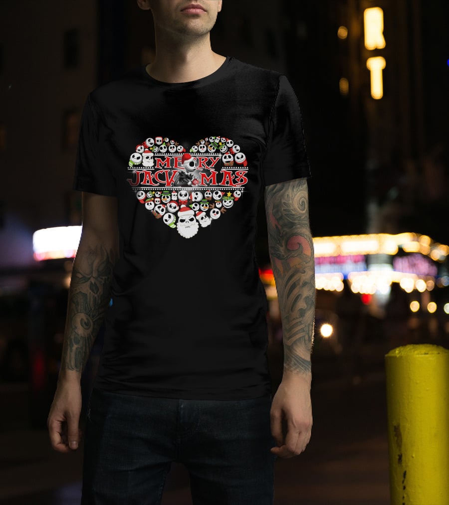 Merry Jackmas Heart Design With Santa Hats And Skulls T-Shirt