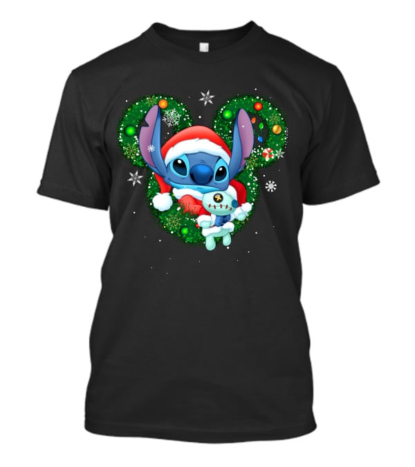 Stitch Christmas Santa Hat Holiday Wreath Snowflakes T-Shirt