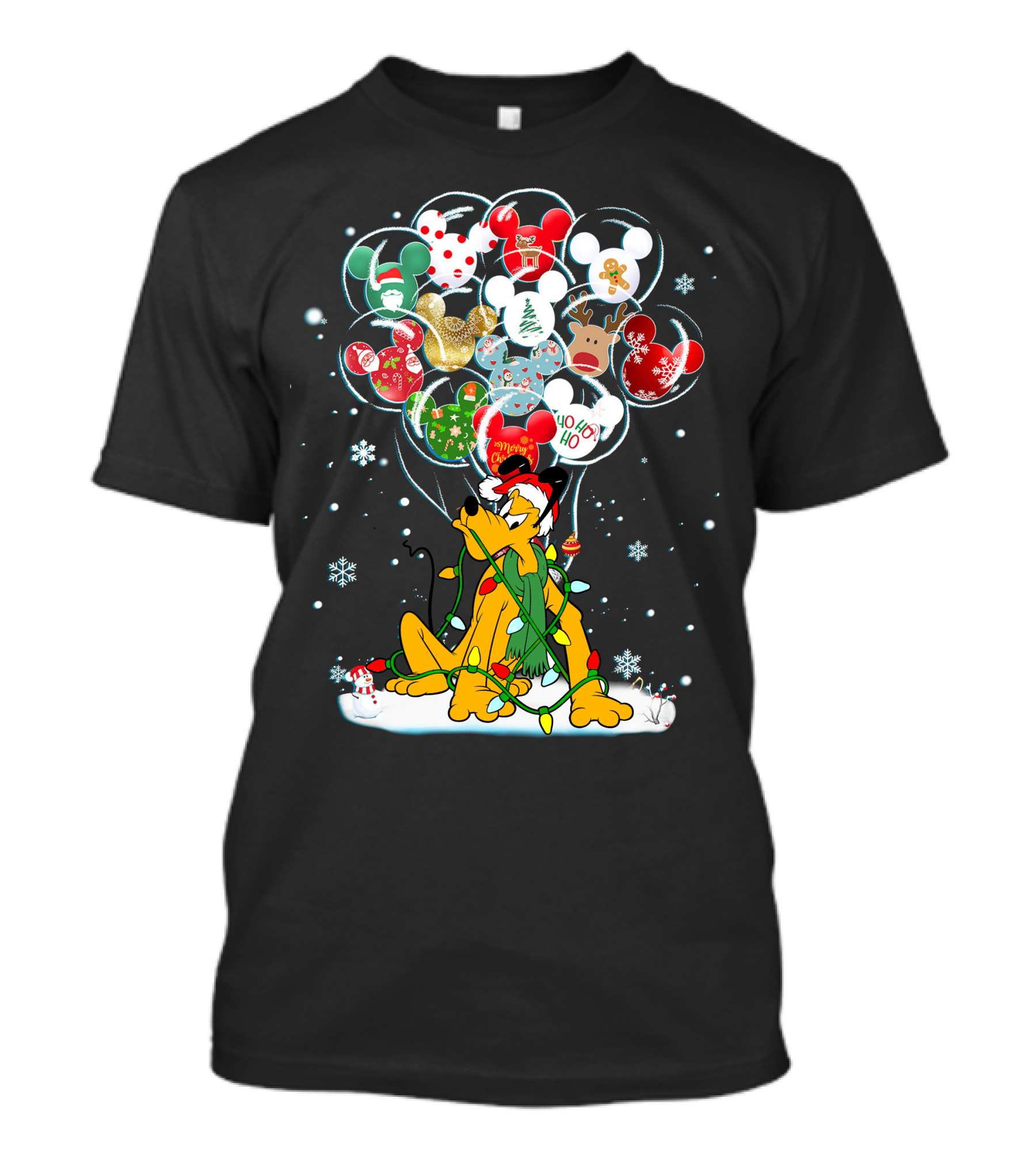 Pluto Christmas Mickey Mouse Balloon Festive Snowflakes Holiday Scene T-Shirt