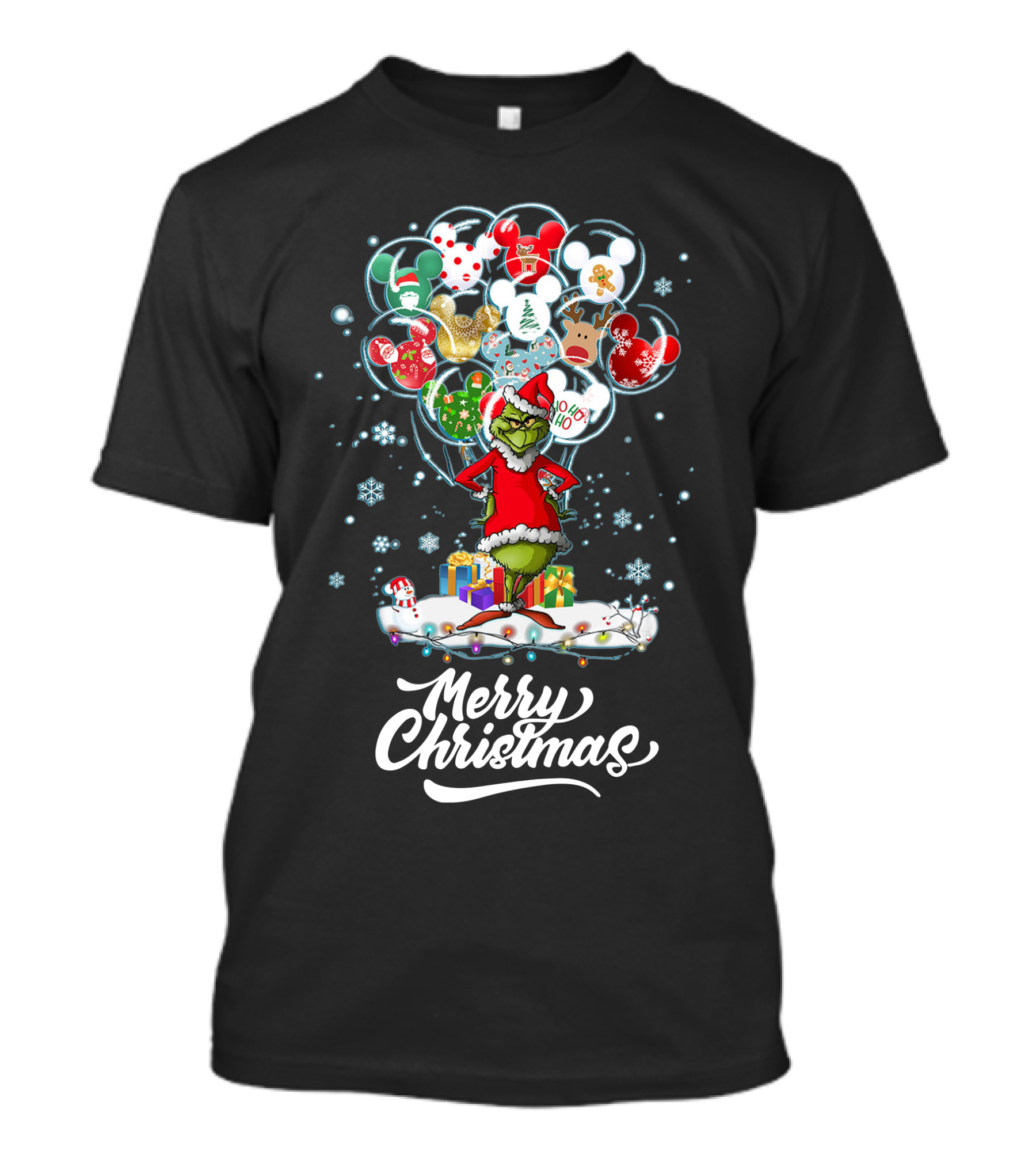 Merry Christmas Grinch Santa With Festive Ornaments And Presents T-Shirt