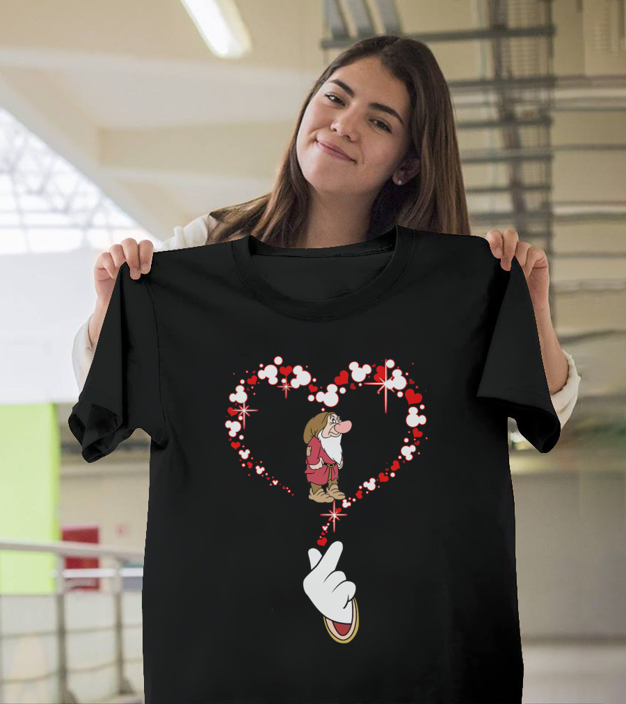 Grumpy Dwarf in Mouse Ear Heart with Iconic Glove Finger Gesture T-Shirt