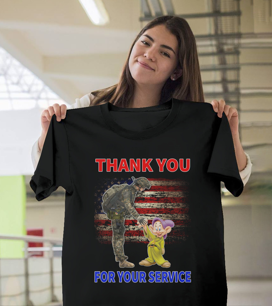 Thank You for Your Service with Soldier and Dopey American Flag Background T-Shirt